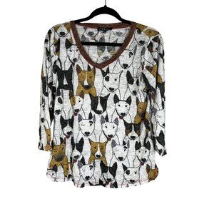 Colorful Dog Print Beaded Top Brown M Playful Pet Whimsical Earthy Neutral Chic